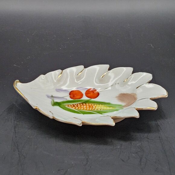 Japanese Porcelain Leaf Dish Plate Corn Cherries Gold Trim Vintage Hand Painted - Picture 7 of 9